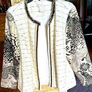 CHICOS Ivory Black Metallic Gold Open Front Jacket Size 2 US 16 Chain Detail EUC